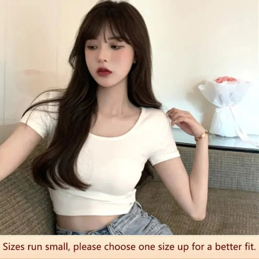 Women Summer Short Sleeve T-shirt Slim Fit Exposing Belly  Polyester Fabric